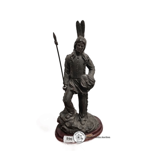 896 - Bronze sculpture from The Juliana Collection depicting a Native American with spear and headdress. A... 