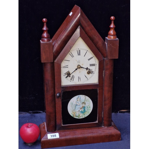 398 - A large antique, eight day strike gothic cathedral style mantel clock with roman numeral dial by Wat... 