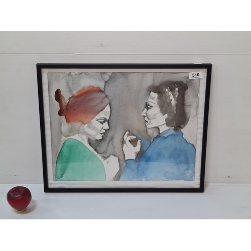 510 - An original acrylic on canvas board. Features a portrait with two women in a conversation. Rendered ... 