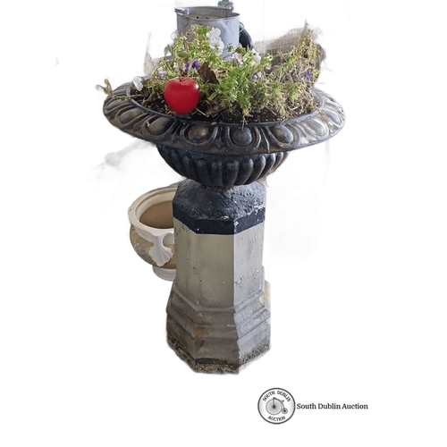 1071 - Star lot :Antique cast iron garden urn planter on a stone pedestal base. Approximately 36 inches tal... 