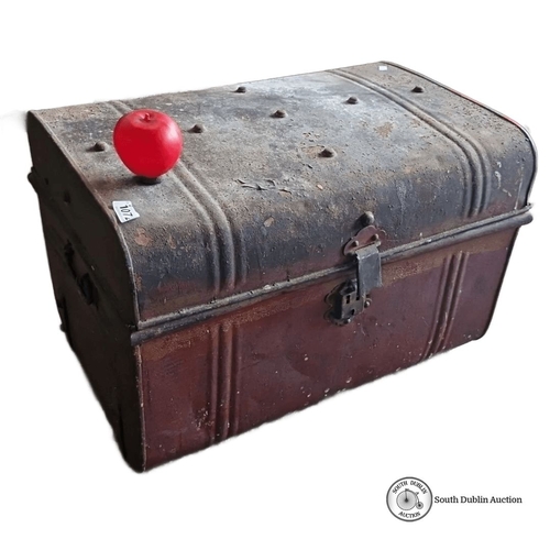 1072 - Antique metal trunk with a domed lid, featuring a latch lock and painted blue interior. Approximatel... 