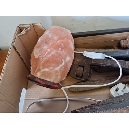 1078 - Mixed lot including vintage hand tools and a Himalayan salt lamp with wood base.