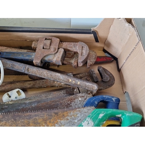 1078 - Mixed lot including vintage hand tools and a Himalayan salt lamp with wood base.