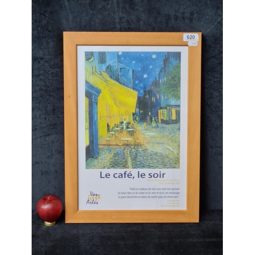 620 - A print of a Vincent Van Gogh exhibition poster featuring 'Le Cafe, le soir' from Arles 1888. Housed... 