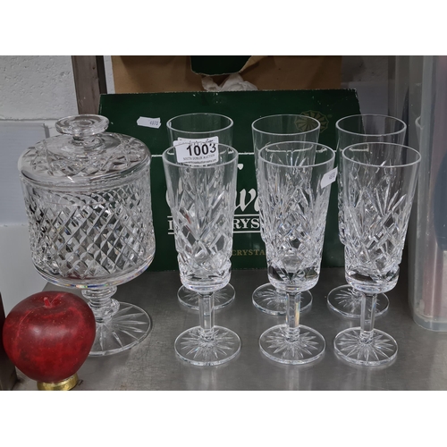 1003 - A selection of vintage glassware including six Cavin crystal stemmed glasses and a box of six Galway... 