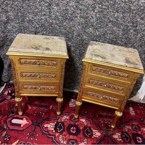 1195 - Star Lot : A lovely pair of Gold painted lockers or side tables with sand coloured cold Italian marb... 