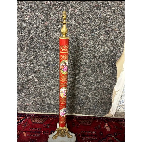 1202 - Star Lot : An unusual Standard floor lamp, With red painted pillar with 18th century scenes a G Gold... 