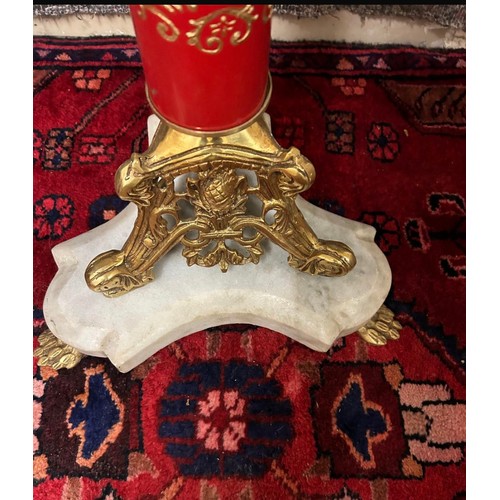 1202 - Star Lot : An unusual Standard floor lamp, With red painted pillar with 18th century scenes a G Gold... 