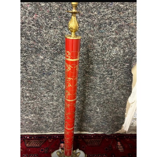 1202 - Star Lot : An unusual Standard floor lamp, With red painted pillar with 18th century scenes a G Gold... 