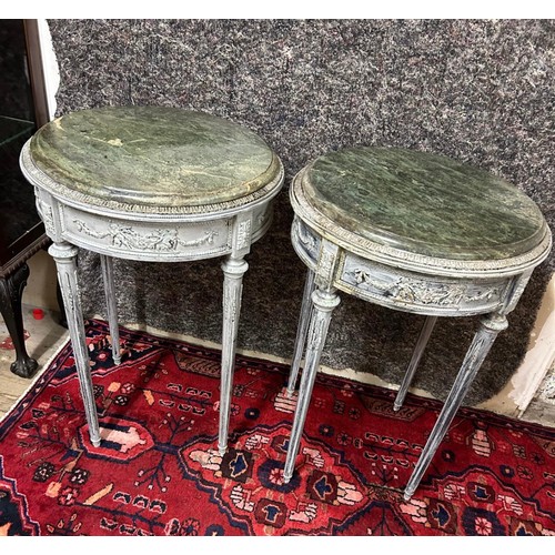 1208 - Star Lot : Good pair of side tables with silver carved structures with a green marble round top.