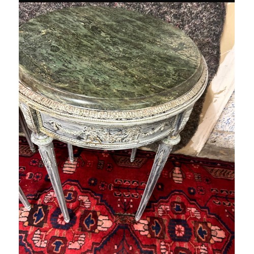 1208 - Star Lot : Good pair of side tables with silver carved structures with a green marble round top.