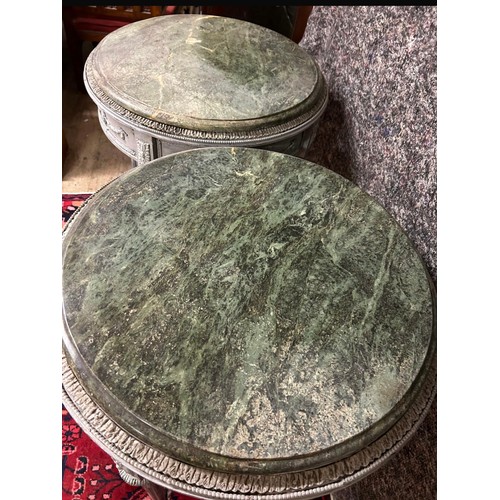 1208 - Star Lot : Good pair of side tables with silver carved structures with a green marble round top.