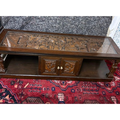 1210 - Star Lot A Fantastic low long cabinet with An amazing and carved top of a Chinese Scene behind glass... 