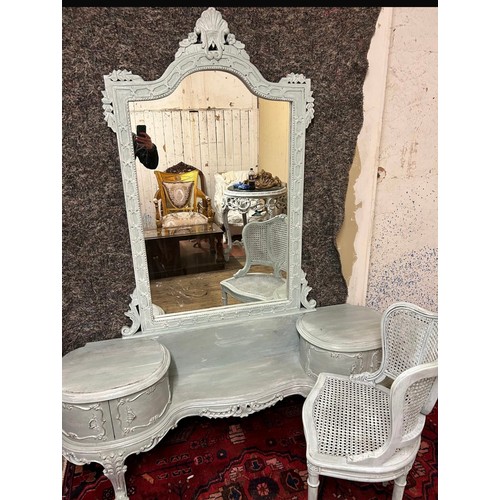 1212 - Star lot : A usual Silver drop down dress table with mirror, two round sides and a drop down table w... 