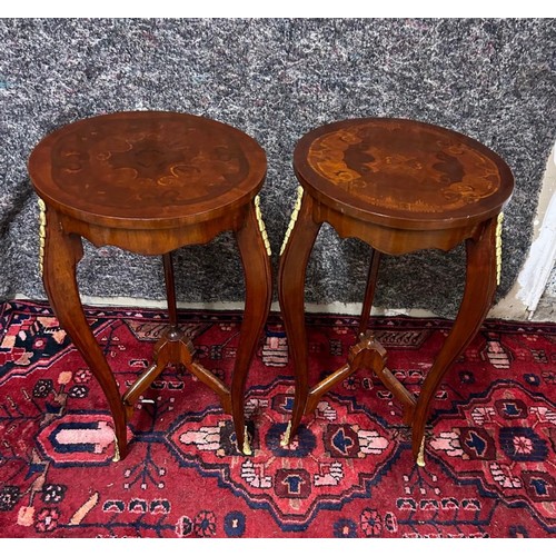 1217 - Star lot : A good pair of round side tables with ormolu detail. Approx 30cm diameter and 70cm tall.