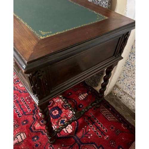 1224 - Star lot : A very handsome mahogany desk with a green tooled leather top. two drawers and a barley t... 