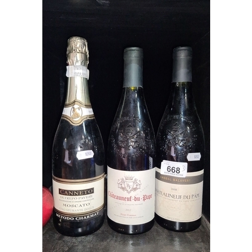 668 - Three bottles of wine: 2008 Châteauneuf-du-Pape, 2012 Châteauneuf-du-Pape, and Oltrepò Pavese Moscat... 