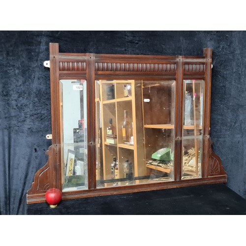 1025 - A wonderful Edwardian large beveled wall hanging mirror with interior panels. Housed in a carved woo... 