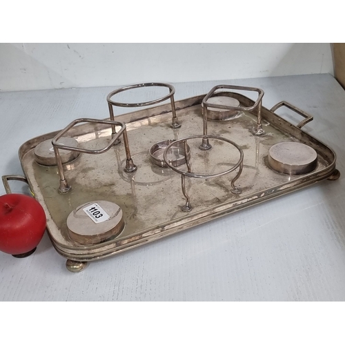 1103 - Silver-plated Boat serving tray with bottle and glass holders. holders. Approx. dimensions: 20 inche... 