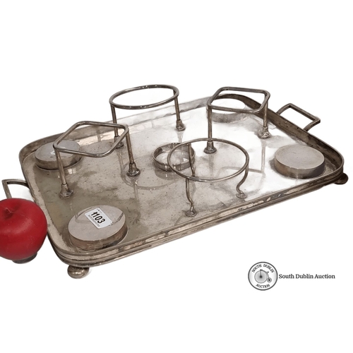 1103 - Silver-plated Boat serving tray with bottle and glass holders. holders. Approx. dimensions: 20 inche... 