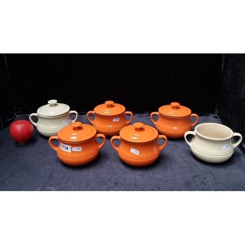 1114 - Set of six Le Creuset ceramic soup bowls, featuring orange and cream colors. Embossed with Le Creuse... 