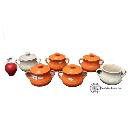 1114 - Set of six Le Creuset ceramic soup bowls, featuring orange and cream colors. Embossed with Le Creuse... 