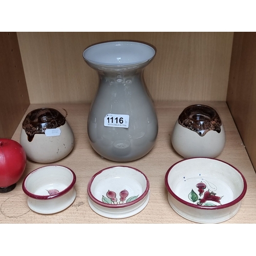 1116 - Six Art Studios pottery pieces Includes a variety of small decorative vessels, featuring hand-painte... 