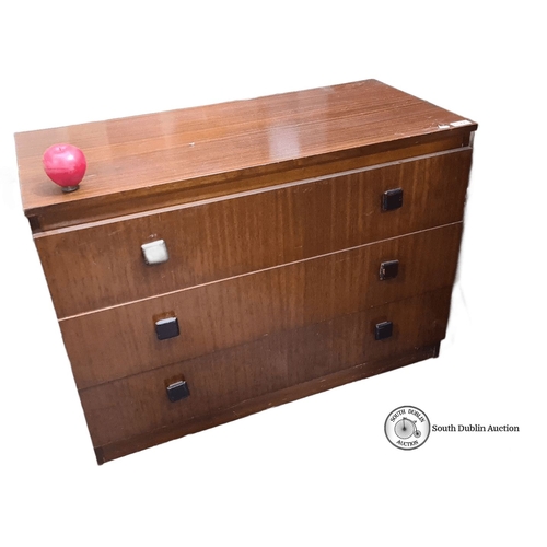 1177 - Mid-century modern chest of drawers, mahogany veneer with three drawers. Approximately 36