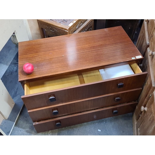 1177 - Mid-century modern chest of drawers, mahogany veneer with three drawers. Approximately 36