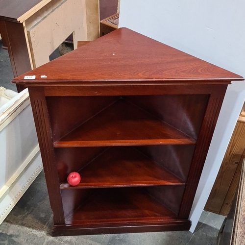 1178 - Mahogany corner shelf unit from the mid-20th century. Approximately 32 inches high, 24 inches wide, ... 