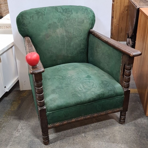 1181 - Vintage armchair with green floral upholstery and wooden armrests. Approximately 90 cm high, 75 cm w... 