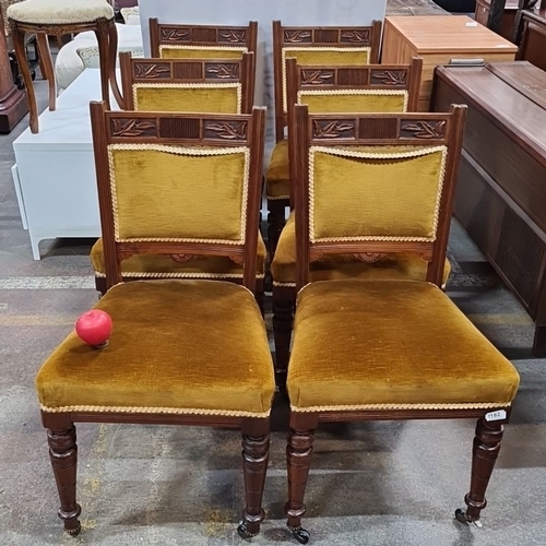 1182 - Set of six Victorian dining chairs with carved mahogany frames and mustard velvet upholstery. Approx... 