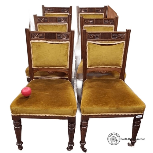 1182 - Set of six Victorian dining chairs with carved mahogany frames and mustard velvet upholstery. Approx... 