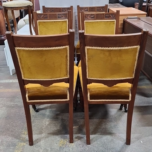 1182 - Set of six Victorian dining chairs with carved mahogany frames and mustard velvet upholstery. Approx... 