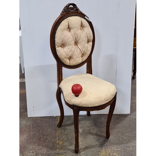 1185 - Carved wood frame Victorian-style upholstered chair with an elegant floral pattern. Approximately 40... 