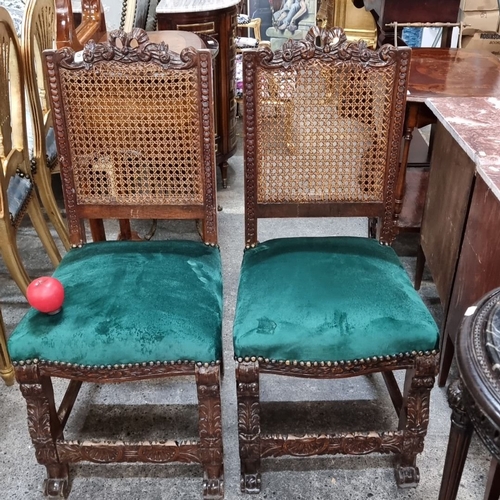 1264 - Star Lot : Pair of British Regency-style carved  chairs with caned backs and green upholstered seats... 