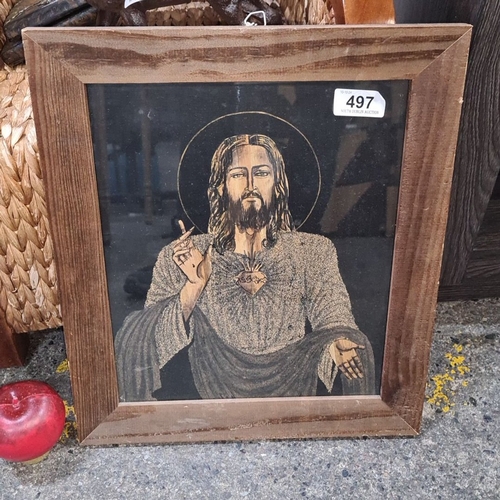 1283 - A mixed media original wood sawdust and gilt paint on black background. Features Jesus Christ with S... 