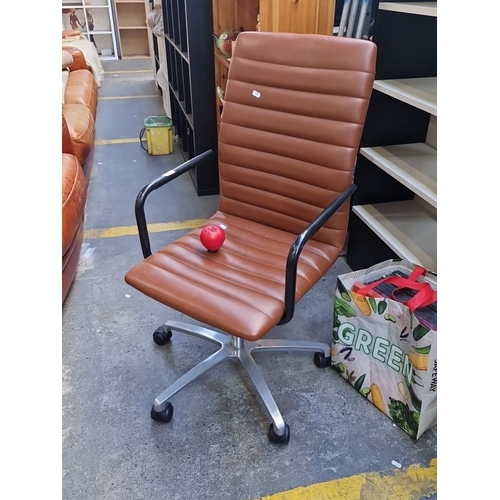 1297 - A handsome Vintage Style Pelko office chair, brown faux leather upholstery, chrome spider base set o... 