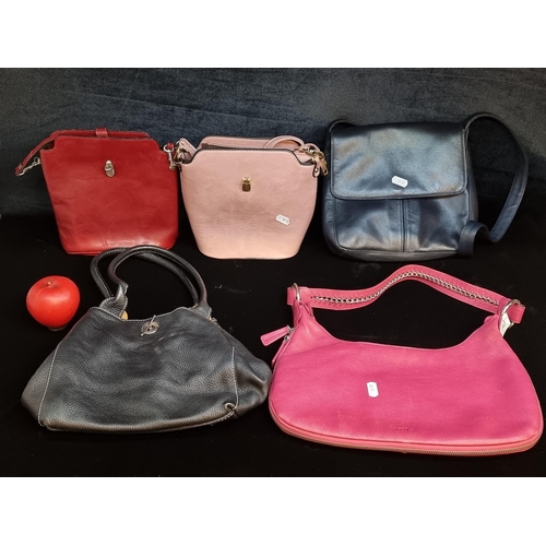 1311 - A selection of five good quality stylish ladies leather handbags including a Tula pink and deep navy... 