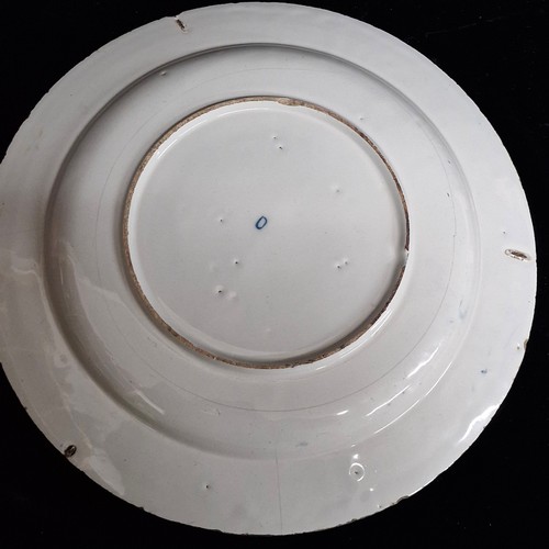 189 - Mid 18th century English Delftware Tin Glazed Plate. Large early plate but faults throughout.