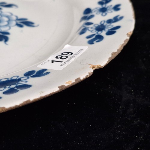 189 - Mid 18th century English Delftware Tin Glazed Plate. Large early plate but faults throughout.