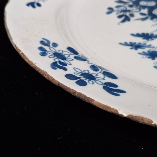 189 - Mid 18th century English Delftware Tin Glazed Plate. Large early plate but faults throughout.