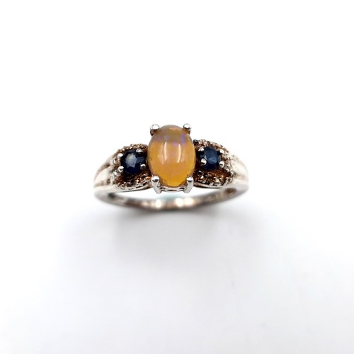 437 - A pretty 925 vintage opal & sapphire stone ring set with white sapphire stone mount. Size - P. Weigh... 