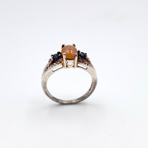 437 - A pretty 925 vintage opal & sapphire stone ring set with white sapphire stone mount. Size - P. Weigh... 