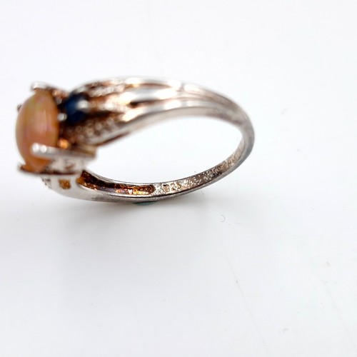 437 - A pretty 925 vintage opal & sapphire stone ring set with white sapphire stone mount. Size - P. Weigh... 