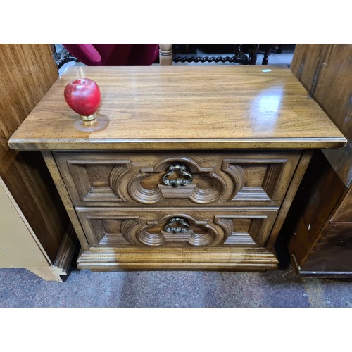 725 - Star lot : A fabulous four piece  Carved bedroom set Tall boy, Long Dresser and two matching lockers... 