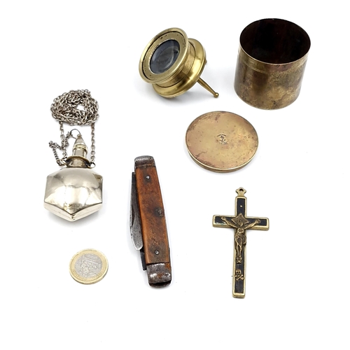 24 - A collection of items consisting of a vintage brass microscope lens contained in original brass cont... 