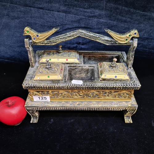 125 - A highly detailed wooden spice box. Adourned with gilt birds and three lids.