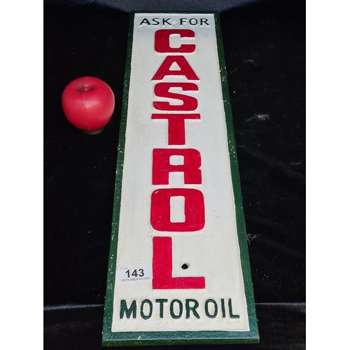 143 - A long heavy cast metal wall plaque advertising Castrol Motor Oil in red, white, and green.