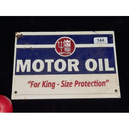 144 - A heavy cast metal wall plaque advertising Neptune Motor Oil in blue, white, and red.